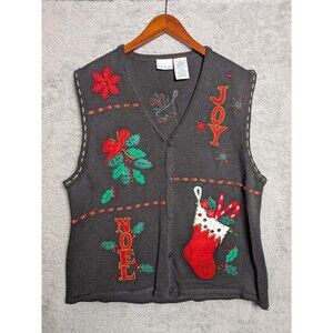 Vintage Christmas Holiday Sweater Vest Size XL Stocking Noel Joy Bobbie Brooks